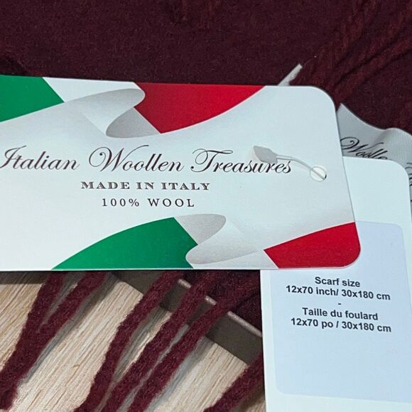 Italian Woollen Treasures, 100% Wool Made in Italy Fringed Scarf Burgundy - Picture 4 of 10